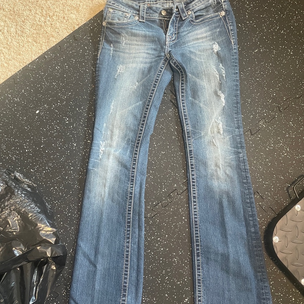 Miss Me Blue Boot Cut Jeans with Distressing and Contrast Stitching